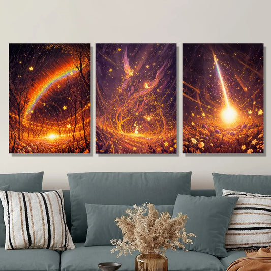 3pcs Golden Rainbow Colorful Fairy Abstract Fantasy Metal Print Ready to Hang Art