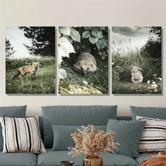 3pcs Fox, Hedgehog and Rabbit Forest Animal Metal Print Ready to Hang Art