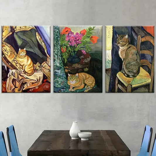 3pcs Retro Style Cat Abstract Landscape Art Wall Art Set Canvas Framed 40x60cm - High Quality Print 100% Australian Made Wall Canvas Ready to Hang