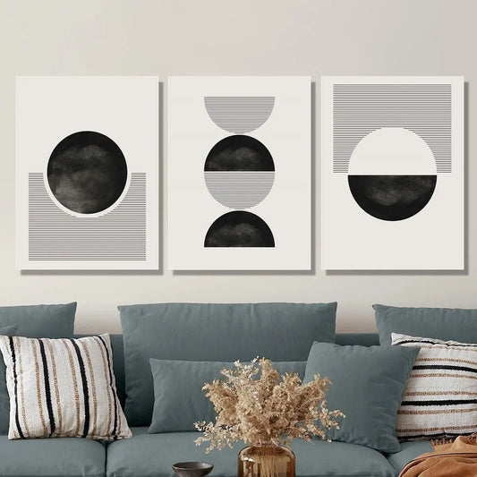 3pcs Black and White Geometric Circle & Line Metal Print Ready to Hang Art