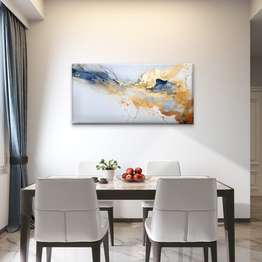 Abstract Navy Blue Gold Leaf Marble Wall Art Canvas Office Home Framed 80x45cm