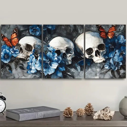 3pcs Skulls and Blue Flowers with Butterflies Metal Print Ready to Hang Art