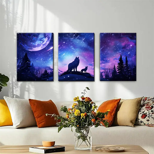 3pcs Mystical Night Sky, Howling Wolves & Starry Metal Print Ready to Hang Art