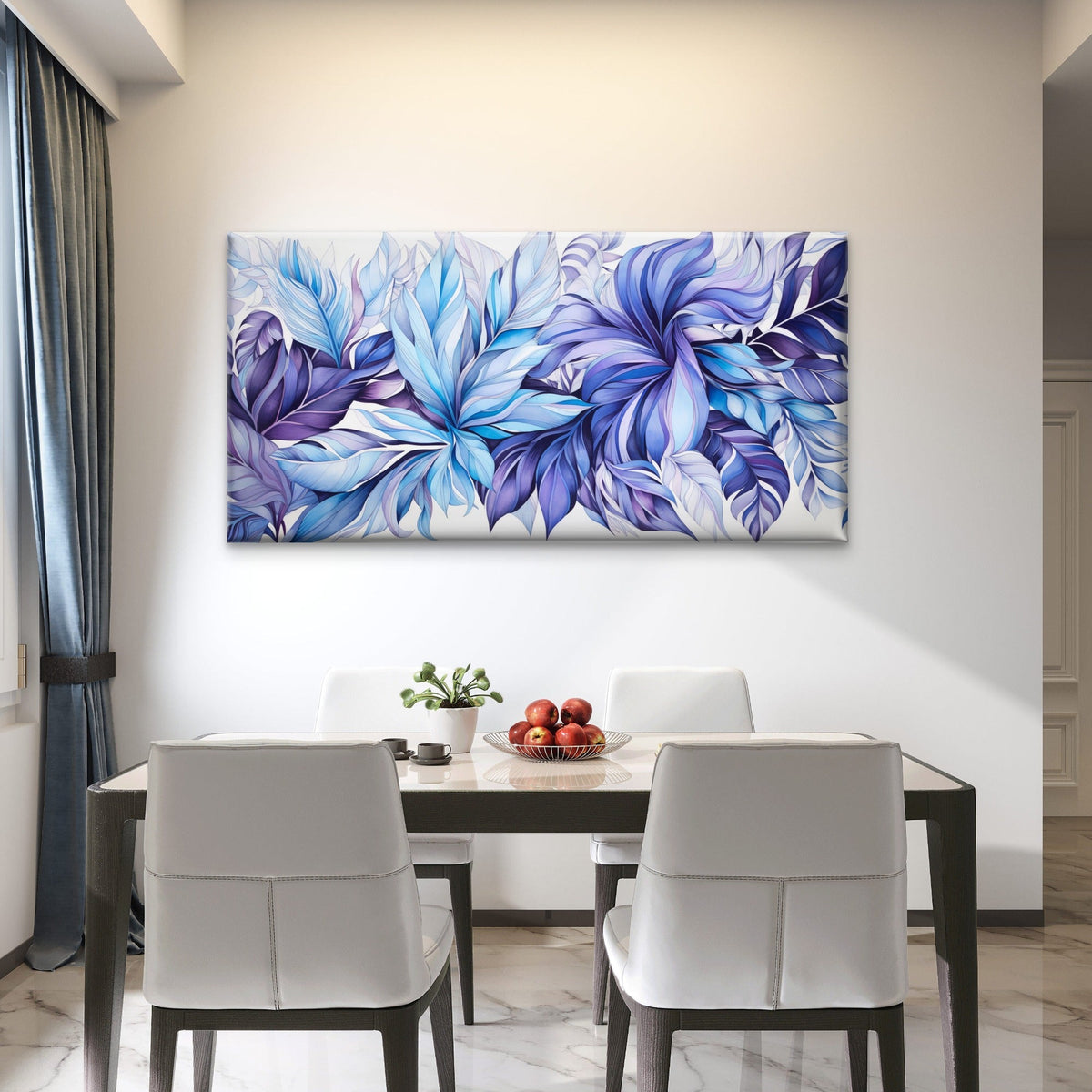 Blue Purple Leaf Design Wall Art Canvas Office Home Room Framed 80x45cm