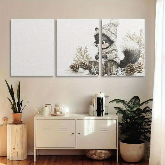 3pcs Raccoon Skunk in Oversized Sweater & Hat Metal Print Ready to Hang Art