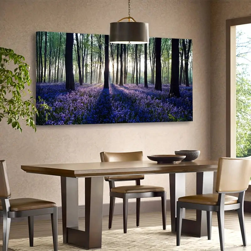 Purple Lavender Forest Vibrant Nature Sunlit Trees & Lush Foliage Wall Art canvas office home room framed 80x45cm