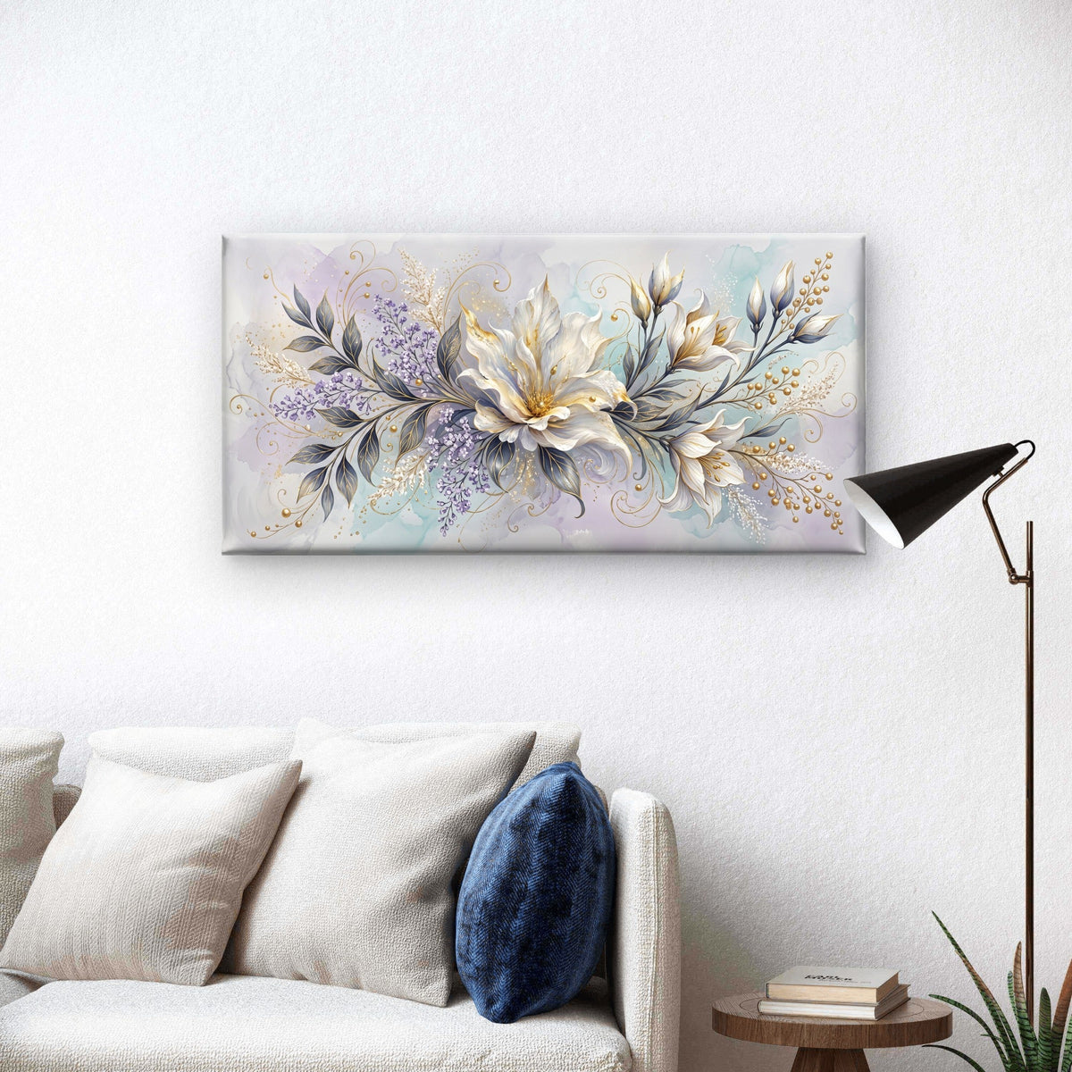 White Gold Lilac Floral Swirl Lily Wall Art Canvas Office Home Framed 80x45cm