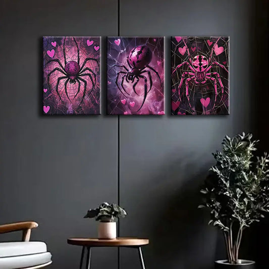 3pcs Luxurious Pink and Black Spider Metal Print Ready to Hang Art