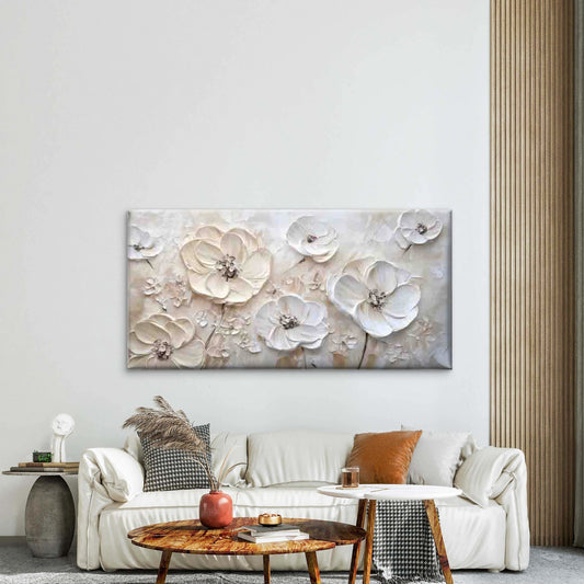 Beige White Floral Wall Art Canvas Office Home Room Framed 80x45cm