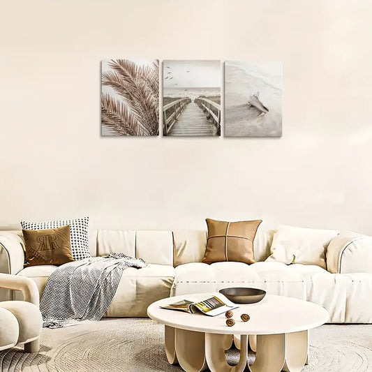 3pcs Bohemian Beige Trestle & Seaside Nordic Metal Print Ready to Hang Art