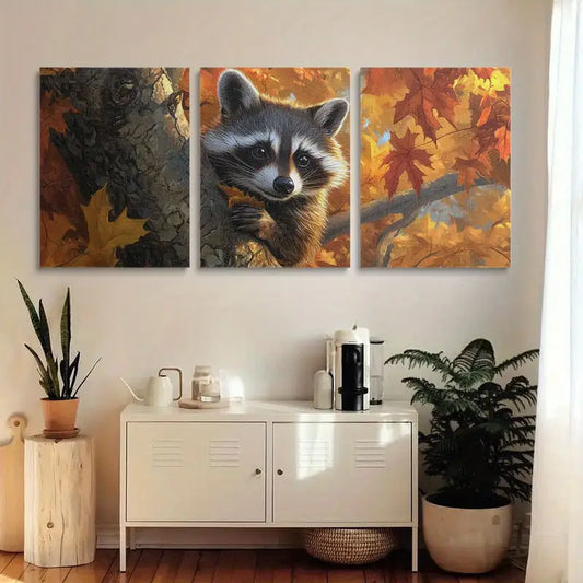 3pcs Cute Raccoon Peeking Behind Autumn Tree Metal Print Ready to Hang Art