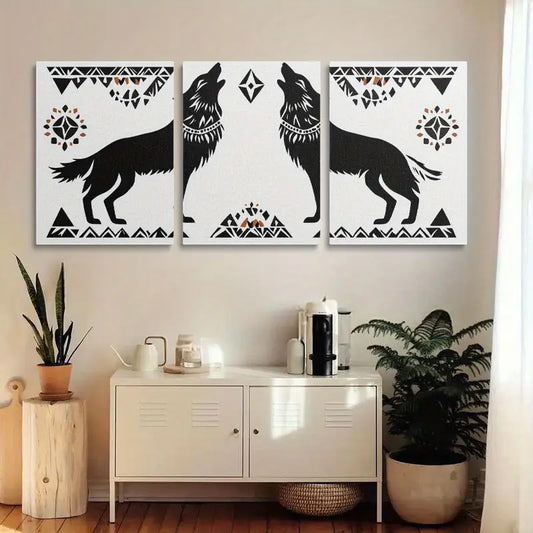 3pcs Howling Wolves Decor, Modern Black & White Geometric Metal Print Ready to Hang Art
