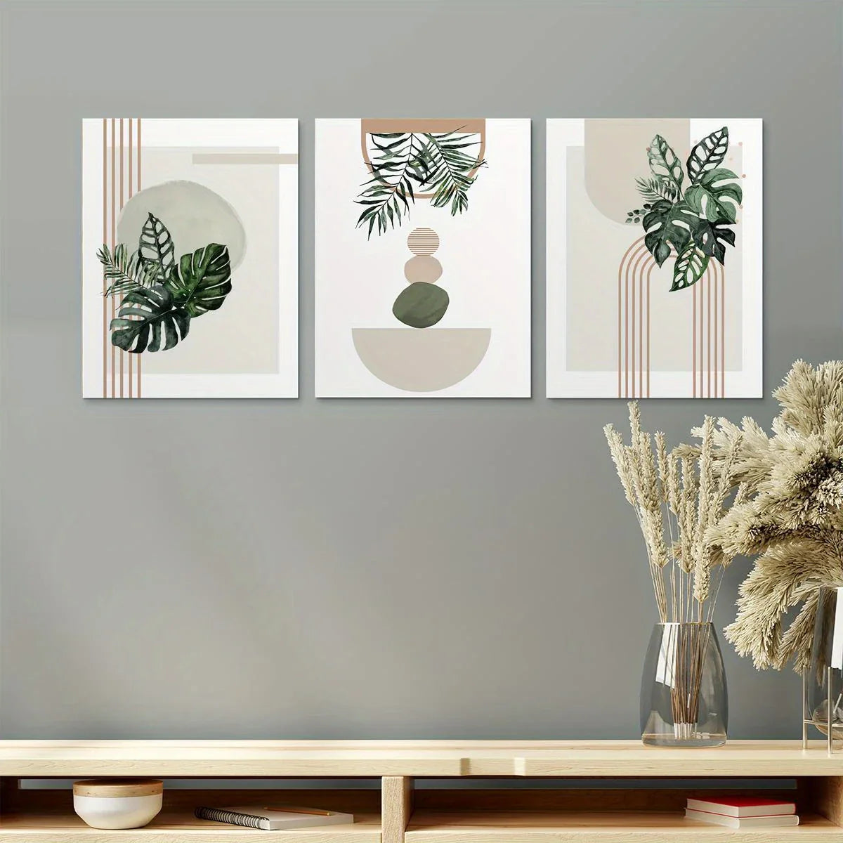 3pcs Abstract Geometric Lines & Watercolor Leaves Metal Print Ready to Hang Art