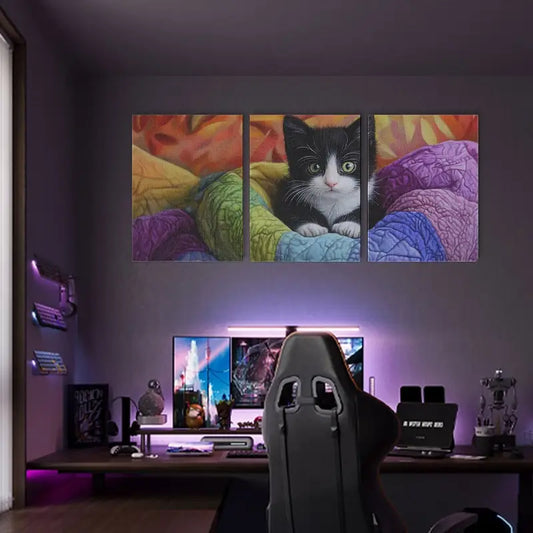 3pcs Vibrant Black and White Kitten with Soft Fur Metal Print Ready to Hang Art