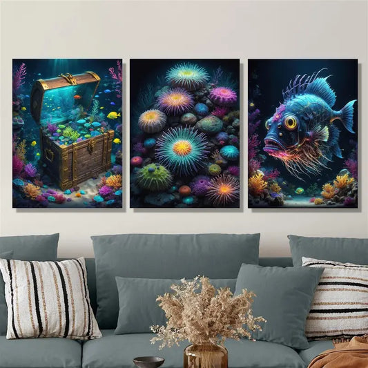 3pcs Luminous Marine Life, Treasure Chest Underwater Metal Print Ready to Hang Art