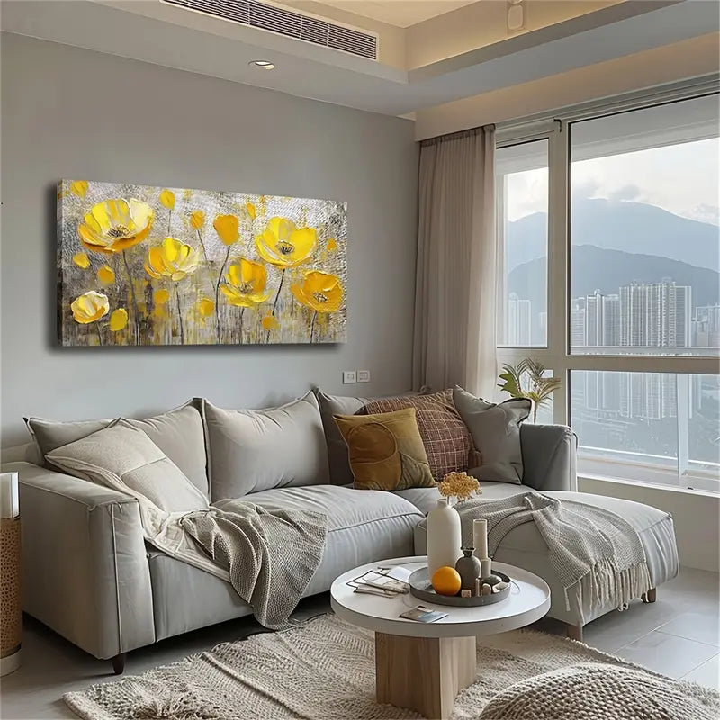 Yellow Floral Minimalist Perfect Wall Art Canvas Office Home Room Framed 120x60cm