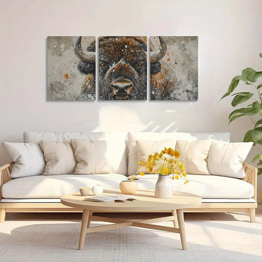 3pcs Watercolor Painting of an Angry Bison Metal Print Ready to Hang Art