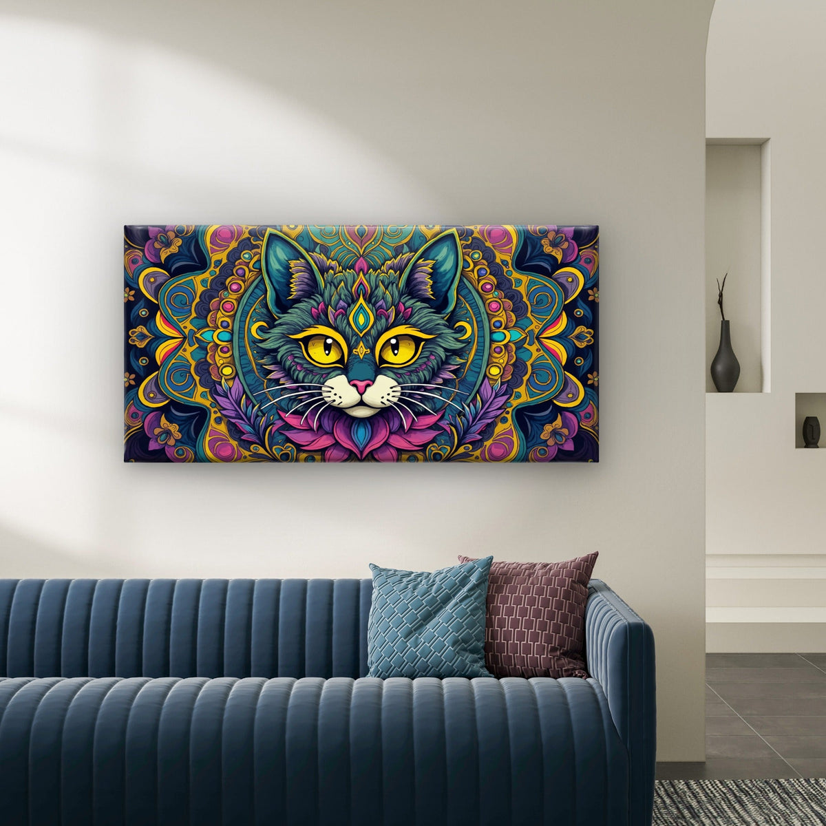 Psychedelic Cat Mandala Bohemia Wall Art Canvas Office Home Room Framed 120x60cm