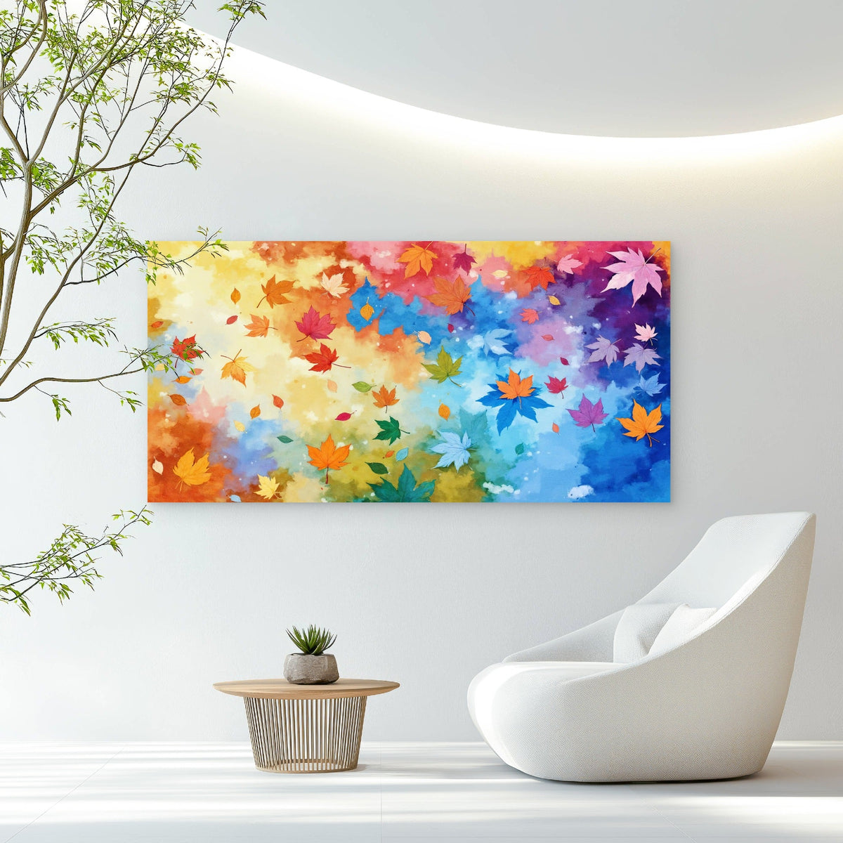 Rainbow Autumn Leaf Collage Wall Art Canvas Office Home Room Framed 80x45cm