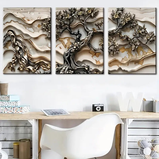 3pcs Golden Black Tree Design Luxury Metal Print Ready to Hang Art