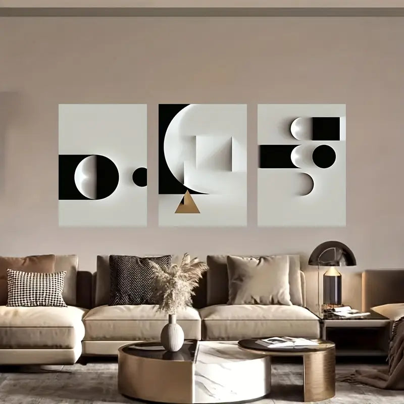 3pcs Modern Geometric Abstract B&W Metal Print Ready to Hang Art