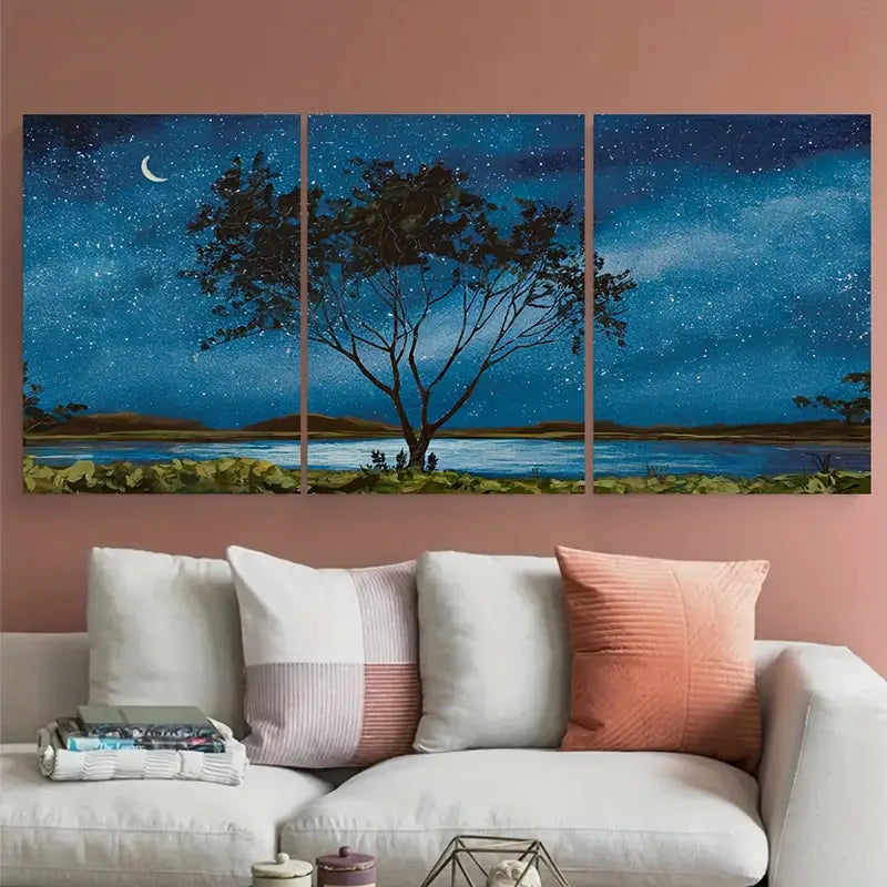 3pcs Lone Tree Starry Night Deep Blue Metal Print Ready to Hang Art