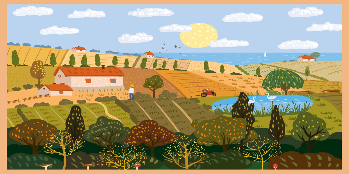 Hand Drawn Farm Landscape Wall Art Canvas Office Home Room Framed 80x45cm