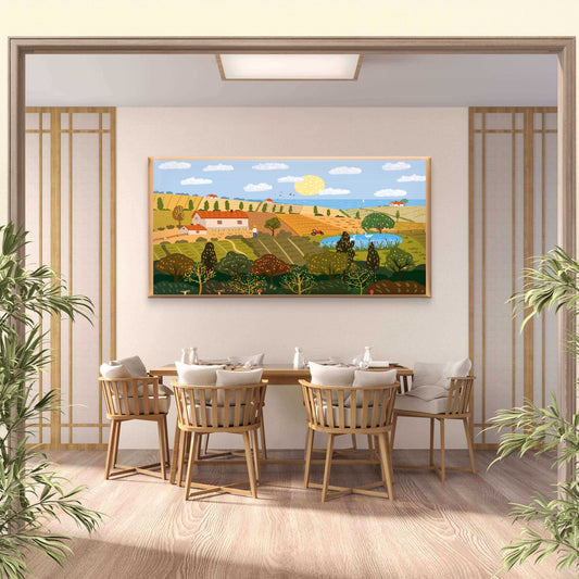 Hand Drawn Farm Landscape Wall Art Canvas Office Home Room Framed 80x45cm