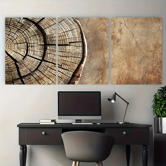 3pcs Rustic Wood Log Tree Trunk Design Metal Print Ready to Hang Art