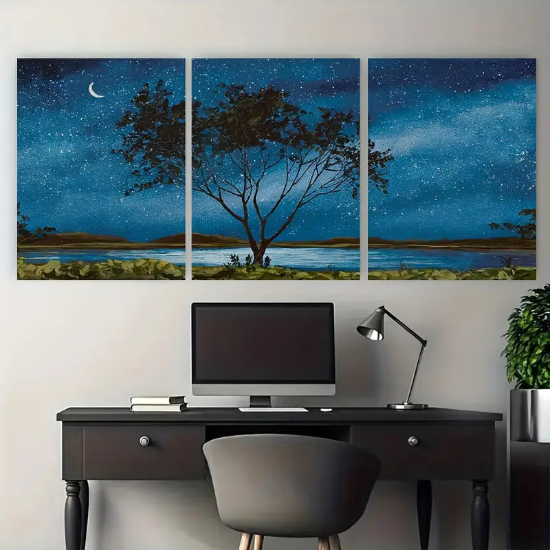 3pcs Lone Tree Starry Night Deep Blue Metal Print Ready to Hang Art