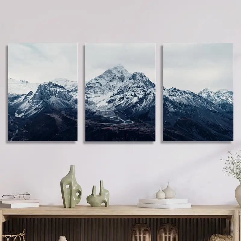 3pcs Mountains, lakes, snow, natural Dark Metal Print Ready to Hang Art