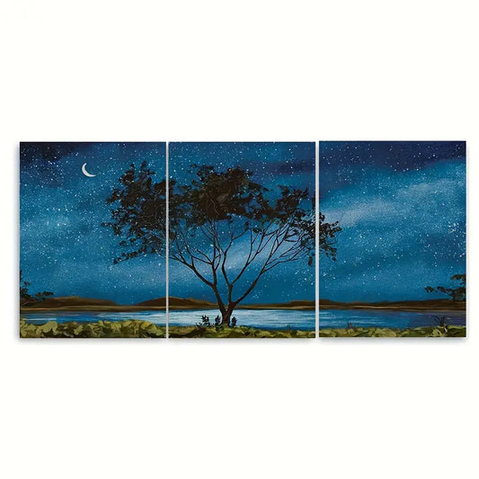3pcs Lone Tree Starry Night Deep Blue Metal Print Ready to Hang Art