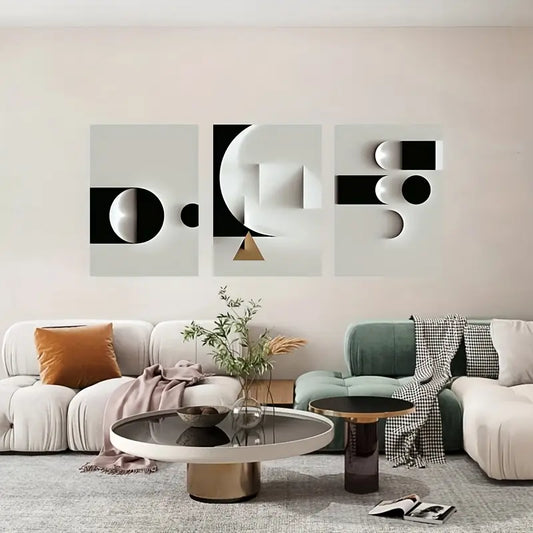 3pcs Modern Geometric Abstract B&W Metal Print Ready to Hang Art