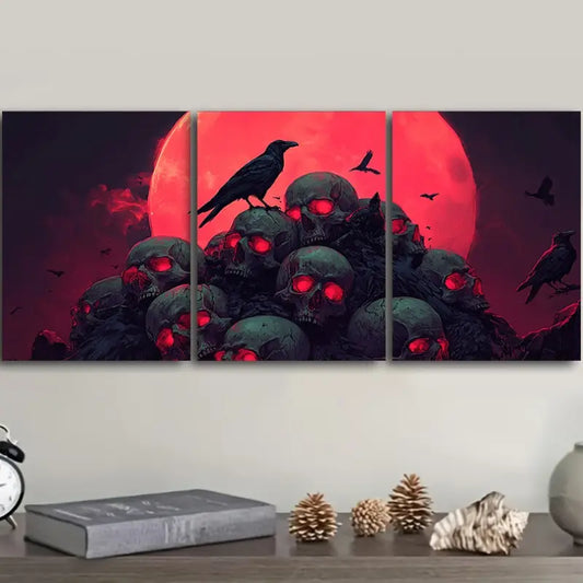 3pcs Gothic Skulls and Crow Metal Print Ready to Hang Art