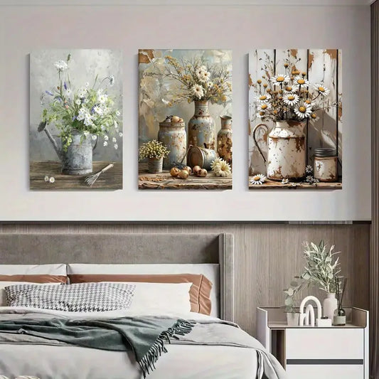3pcs Rustic Daisy Flower Vintage Style Floral Metal Print Ready to Hang Art