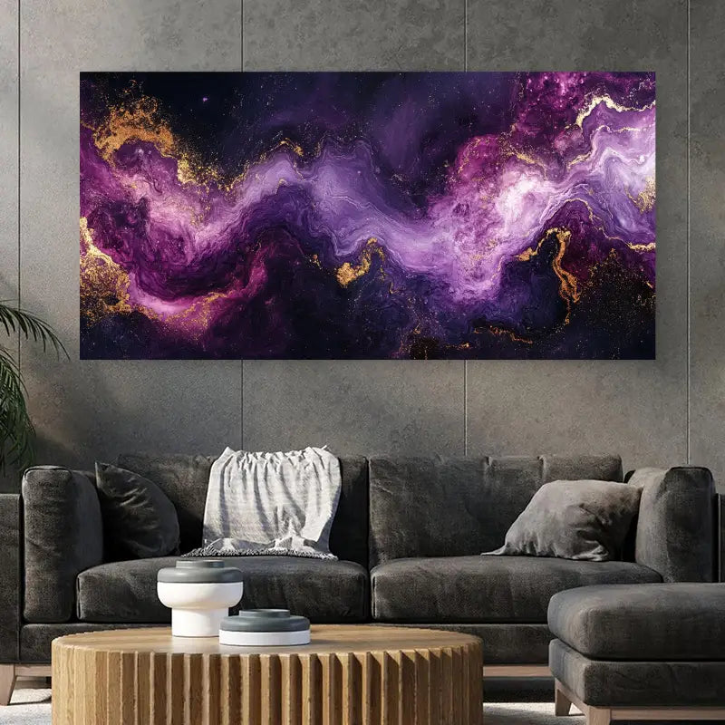 Abstract Cosmic Purple Golden Fluid Design Wall Art wall canvas office home room framed 120x60cm