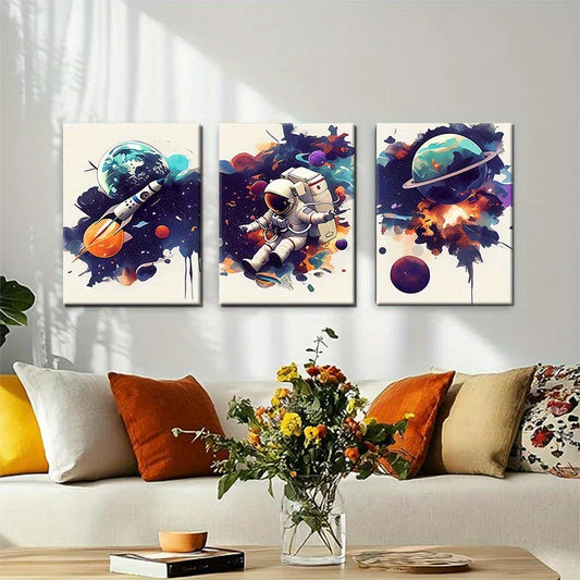 3pcs Vibrant Space Exploration Colorful Astronauts, Rockets Metal Print Ready to Hang Art