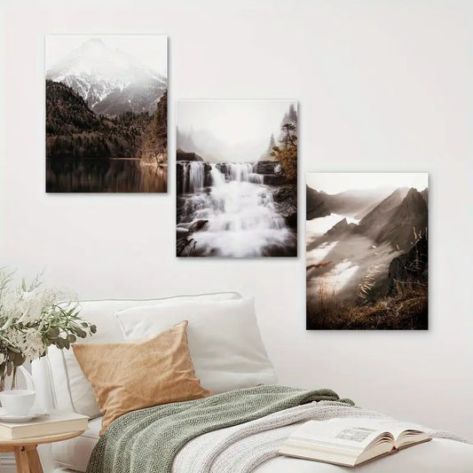 3pcs Multnomah Waterfalls Nature, Serene Mountain & Forest Metal Print Ready to Hang Art