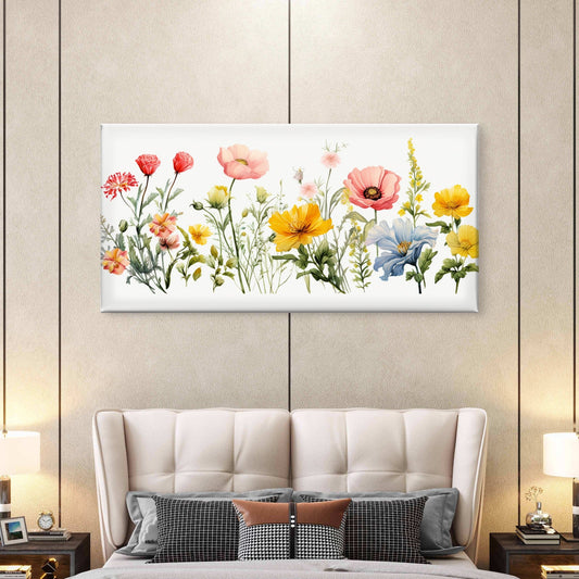 Watercolor Wildflowers Floral Wall Art Canvas Office Home Room Framed 80x45cm