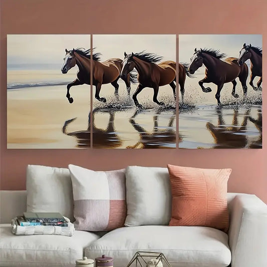 3pcs Beach Horses Blue Beige Equine Metal Print Ready to Hang Art