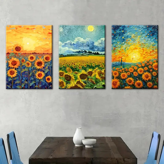 3pcs Van Gogh - Sunflower Field Elegant Metal Print Ready to Hang Art