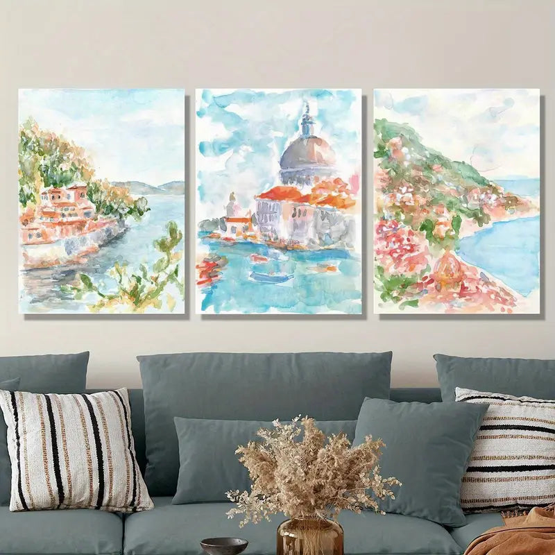 3pcs Vibrant Watercolor Beach House Coastal Metal Print Ready to Hang Art