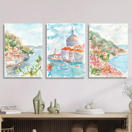 3pcs Vibrant Watercolor Beach House Coastal Metal Print Ready to Hang Art