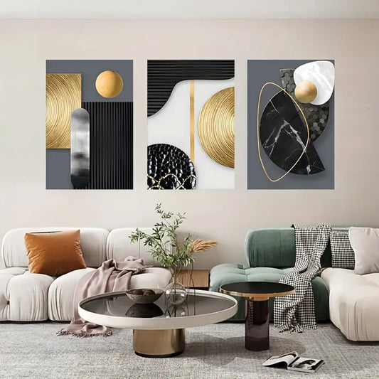 3pcs Black Gold and White Abstract Shapes Metal Print Ready to Hang Art