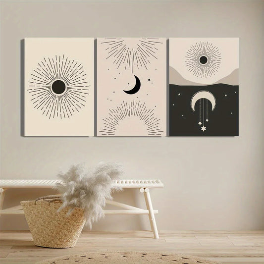 3pcs Sun, Moon & Stars, Contemporary Bohemian Gallery Metal Print Ready to Hang Art