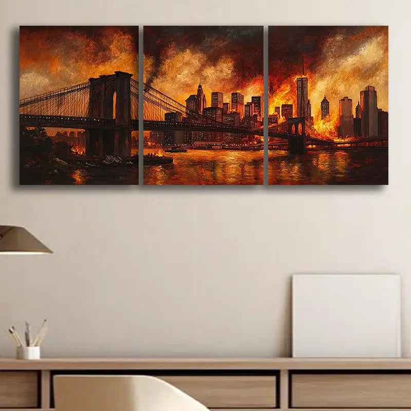 3pcs Abstract Bridge Architecture Dark Red Design Metal Print Ready to Hang Art