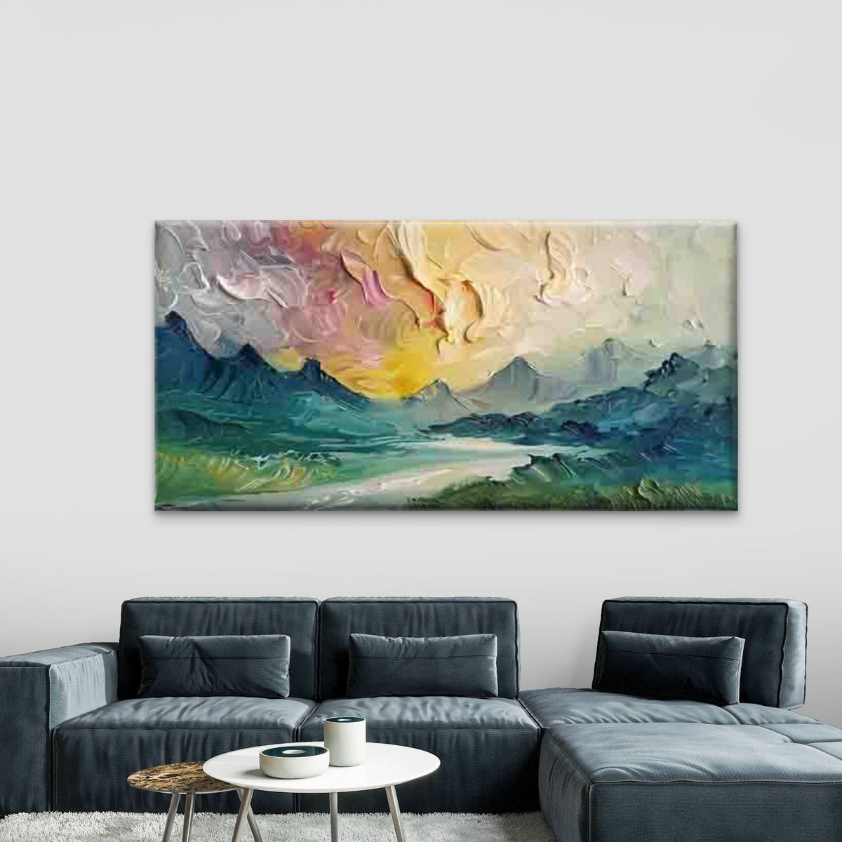Abstract Mountain Sunset Wall Art Canvas Office Home Room Framed 80x45cm