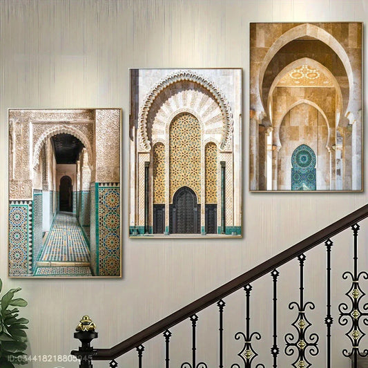 3pcs Elegant Moroccan Architecture Mosque Metal Print Ready to Hang Art