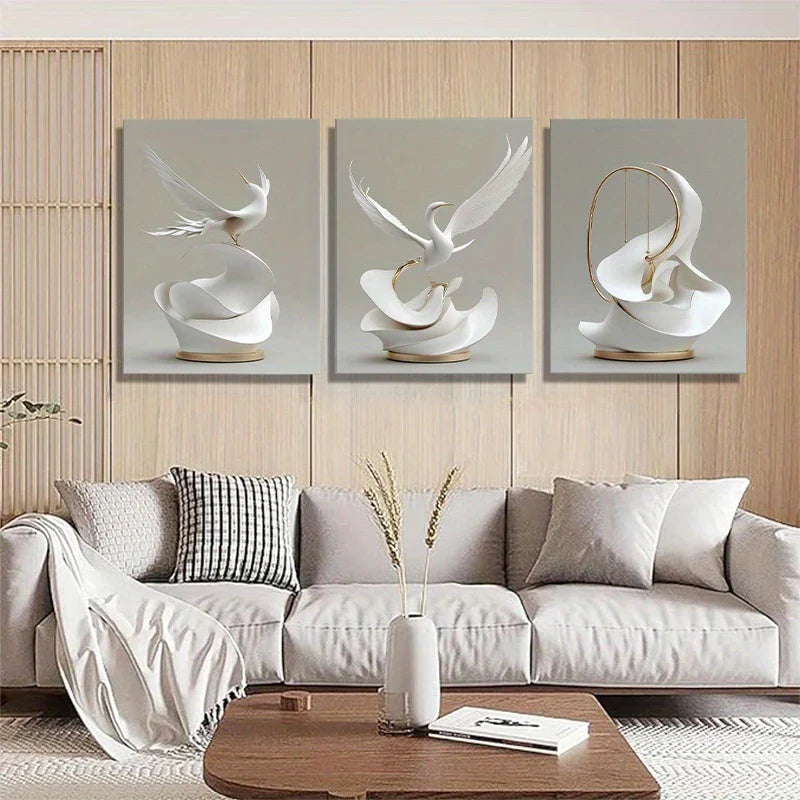 3pcs Stylish White Crane Opulent Abstract Bird Metal Print Ready to Hang Art