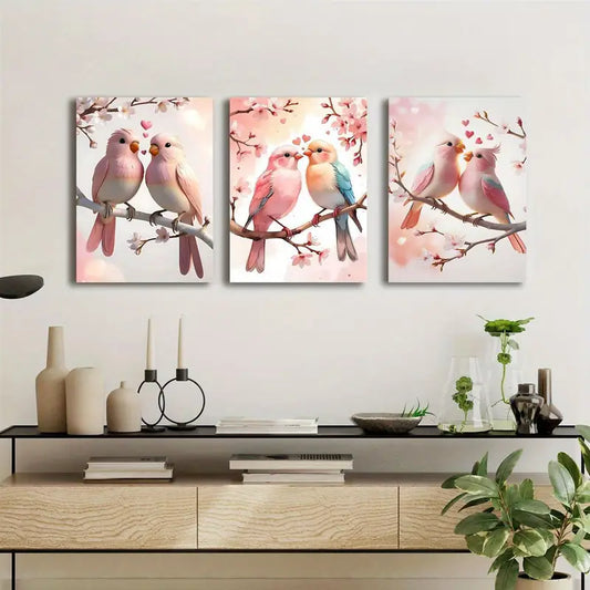 3pcs Vibrant Pink & Blue Feathered Birds on Branches Metal Print Ready to Hang Art